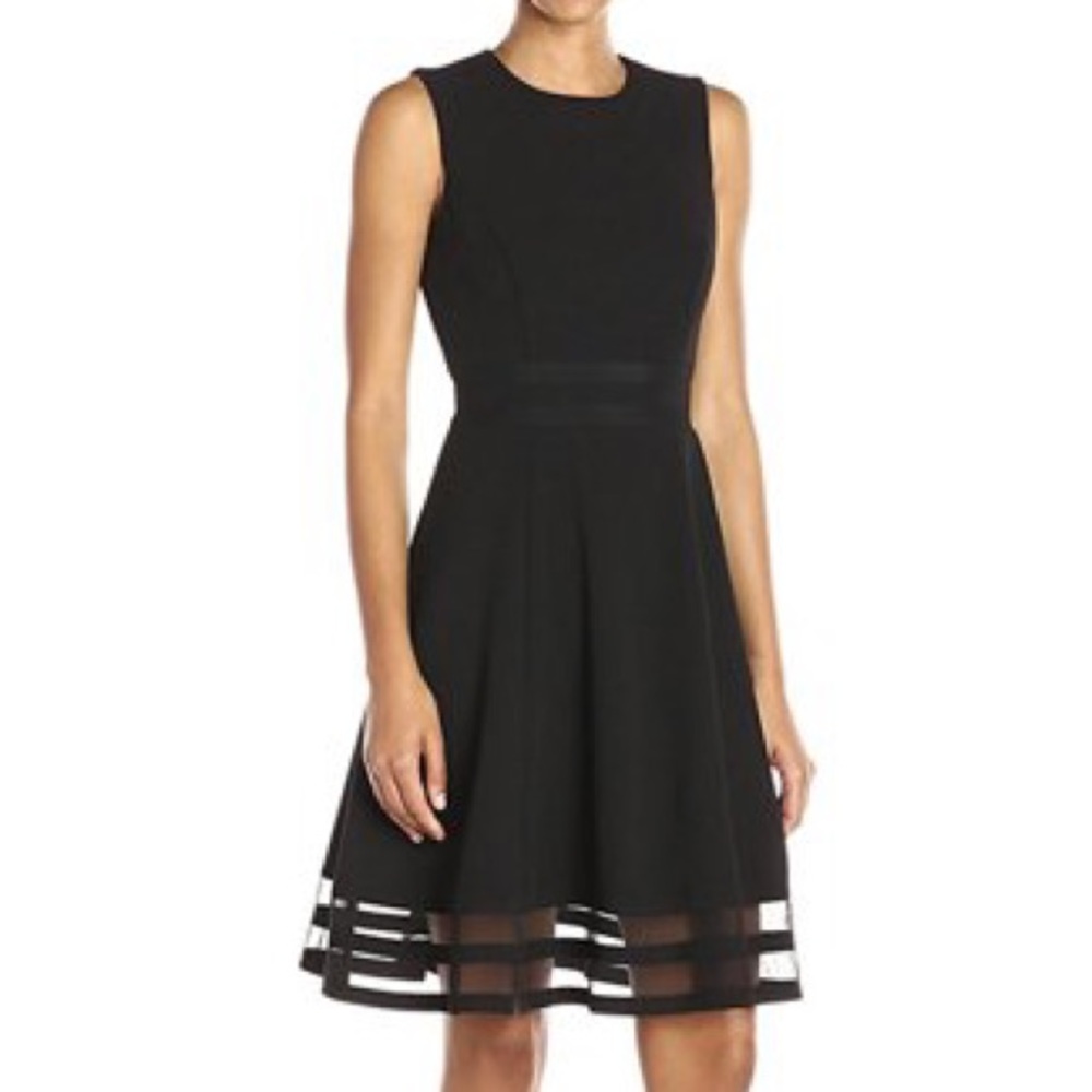 Calvin Klein Round Neck Sleeveless Illusion Hem Crepe Fit Flare Dress Black